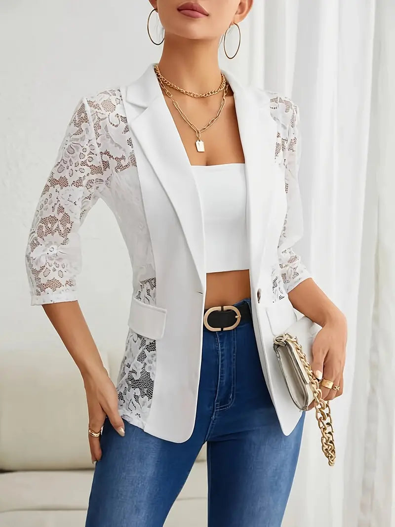 Women's Elegant white lace blazer with notched lapel | Perfect for Casual Days