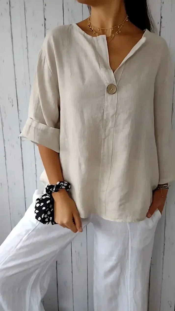 Women's Comfortable Cotton and Linen Top with Classic V-Neck Design