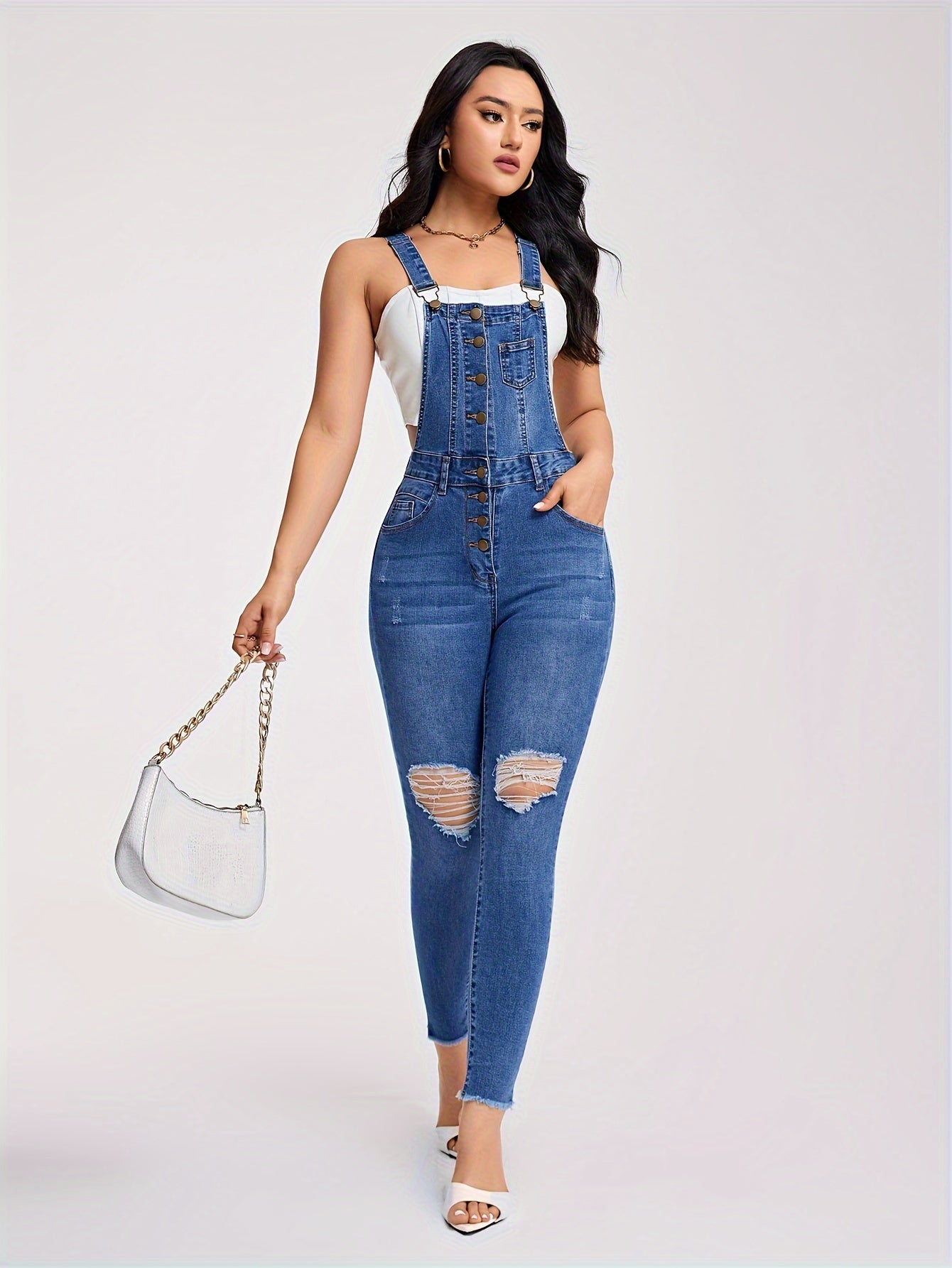 Women's Edgy Denim Jumpsuit with Distressed Details for Casual Style