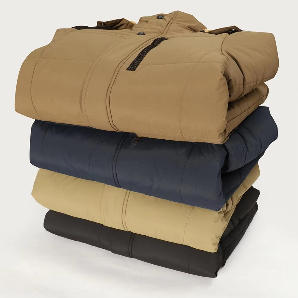 The colors identified in the image are:
- Brown (top jacket)
- Blue (second jacket)
- Beige (third jacket, but not among specified colors)
- Black (bottom jacket)
So, the relevant colors are:
- Brown
- Blue
- Black