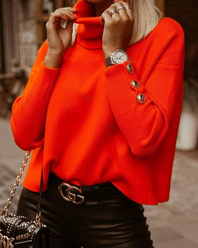 Women's Elegant Knitted Turtleneck Jumper With Sleeve Buttons | Ideal for Winter