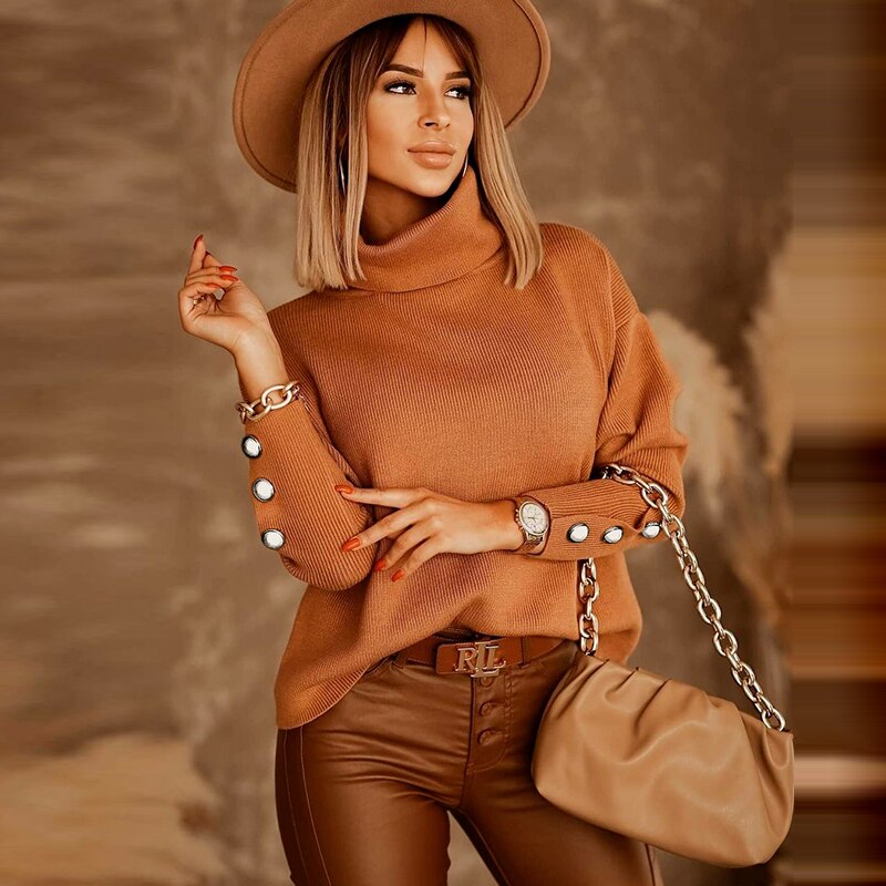 Women's Elegant Knitted Turtleneck Jumper With Sleeve Buttons | Ideal for Winter