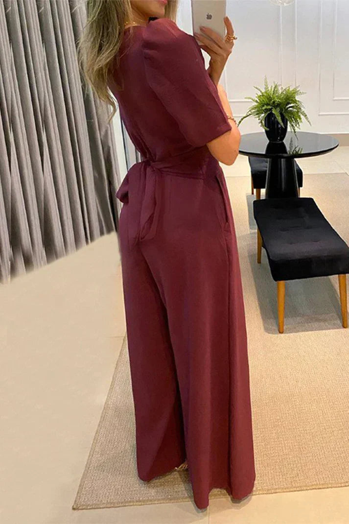Women's Elegant Wide-Leg V-Neck Short Sleeve Jumpsuit | Ideal for Summer
