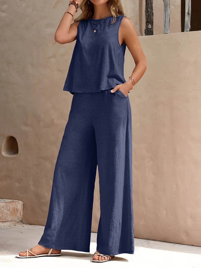 Women's Elegant Fabric Loungewear Set with Flowy Wide-Leg Pants