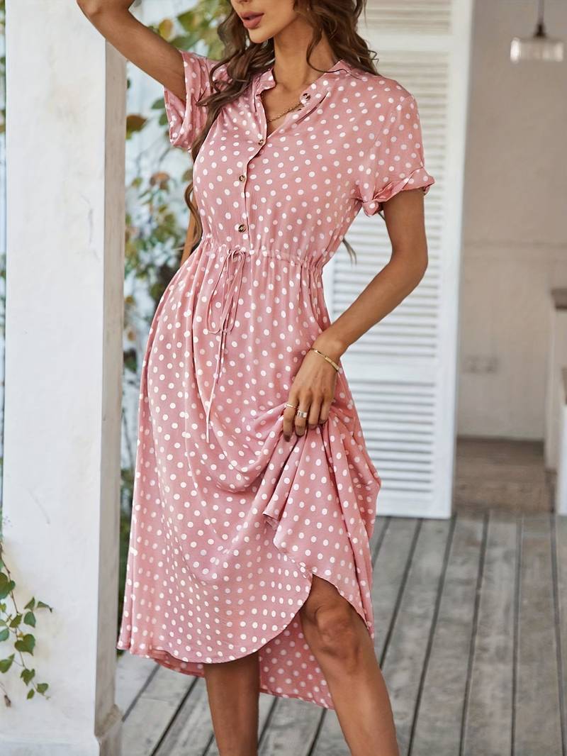Women's Charming Polyester A-Line Dress with V-Neck and Polka Dot Print