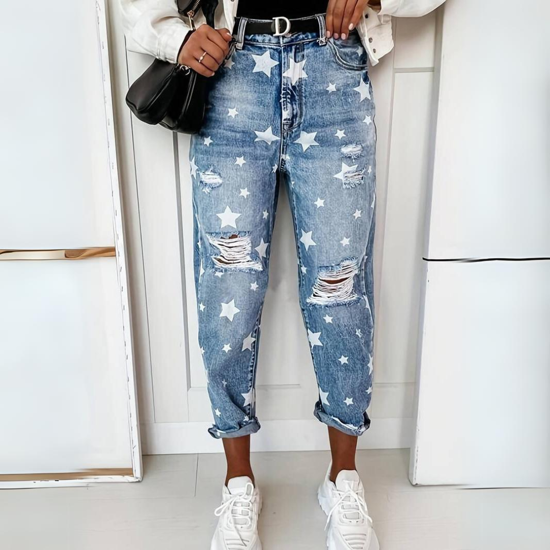Women's Stylish Star-Pattern High-Waist Ripped Jeans | Good for Casual Days