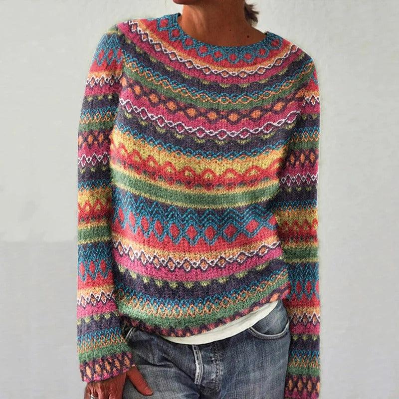 Elegant Long-Sleeved Jumper with Multicolored Print for Women | Ideal for Winter
