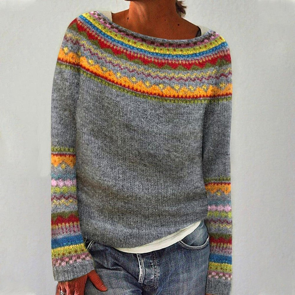 Trendy Retro Print Multicolored Jumper with Long Sleeves for Women | Ideal for Winter