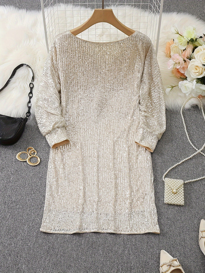 Casual Contrast Sequin V-Neck Long Sleeve Party Wear Formal Dress for Women | Ideal for Formal Occasions