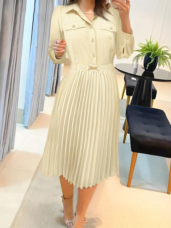 Casual Button Front Pleated Long Sleeve Formal Dress for Women | Perfect for Formal Occasions