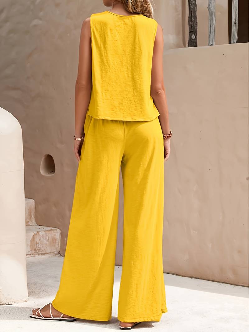 Women's Elegant Fabric Loungewear Set with Flowy Wide-Leg Pants