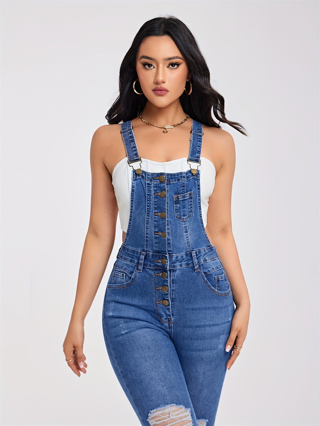 Women's Edgy Denim Jumpsuit with Distressed Details for Casual Style