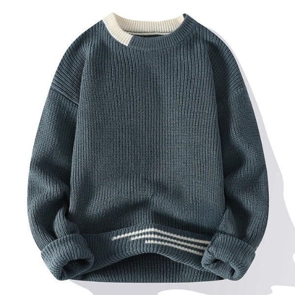 Men's Casual Knitted Jumper with Contrast Collar and Striped Hem | Ideal for Winter