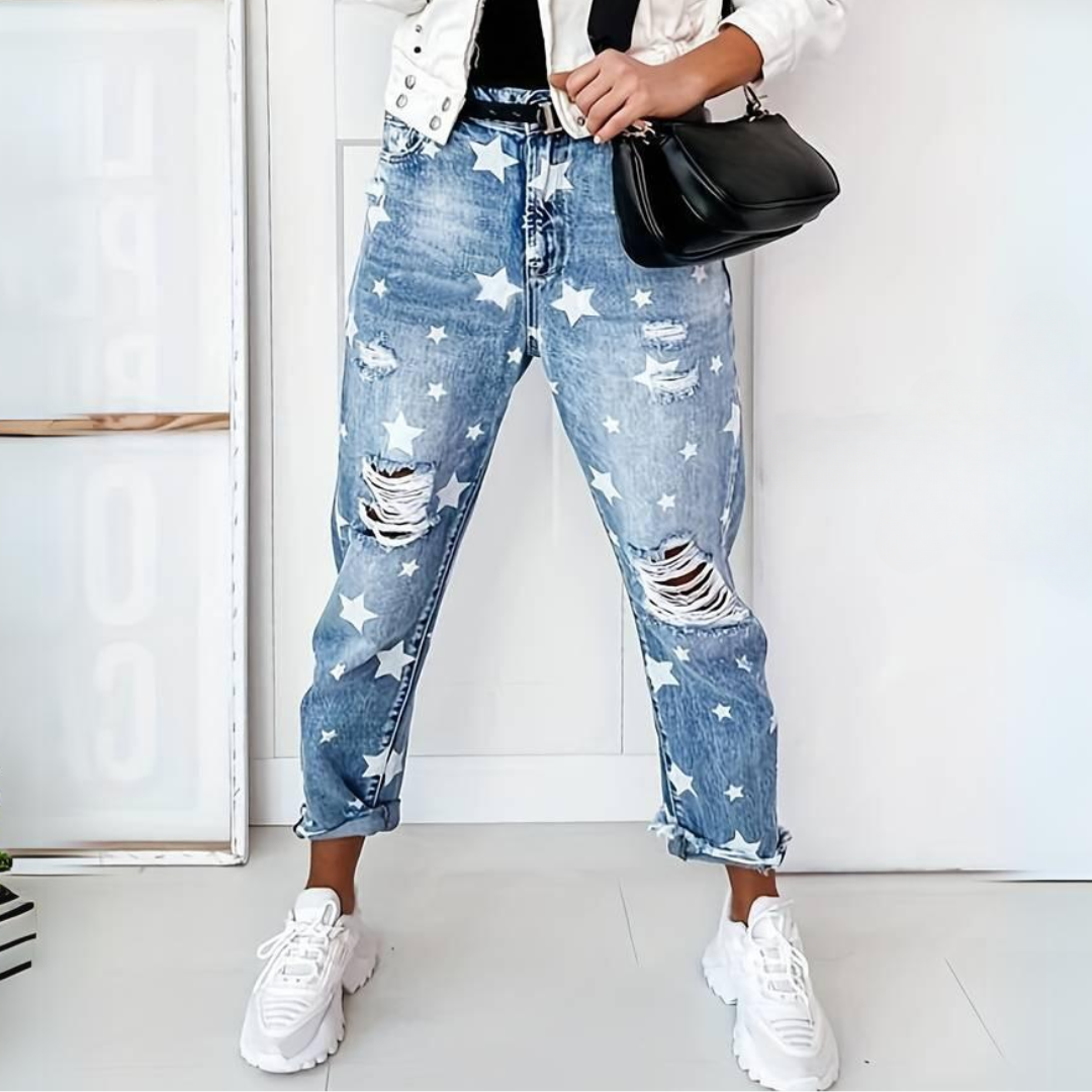 Women's Stylish Star-Pattern High-Waist Ripped Jeans | Good for Casual Days
