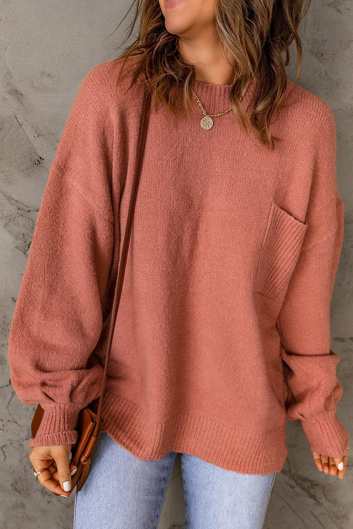 Women's Oversize Pink Round Neck Knit Jumper with Pocket | Ideal for Winter