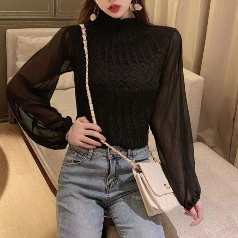 Women's Modern Sweater Vest with Transparent Sleeves Turtleneck Jumper | Ideal for winter