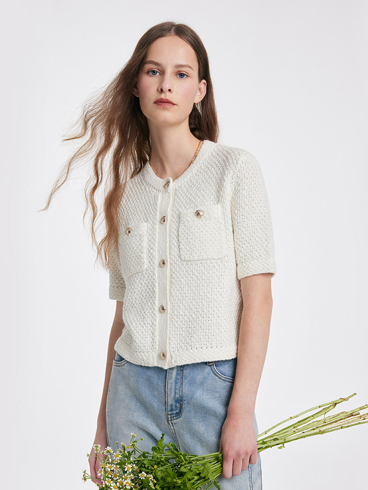 Women's Elegant White Cashmere Button-Up Cardigan with Chest Pocket | Ideal for Winter