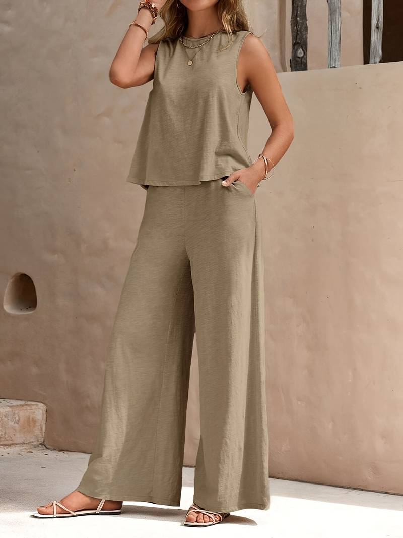 Women's Elegant Fabric Loungewear Set with Flowy Wide-Leg Pants