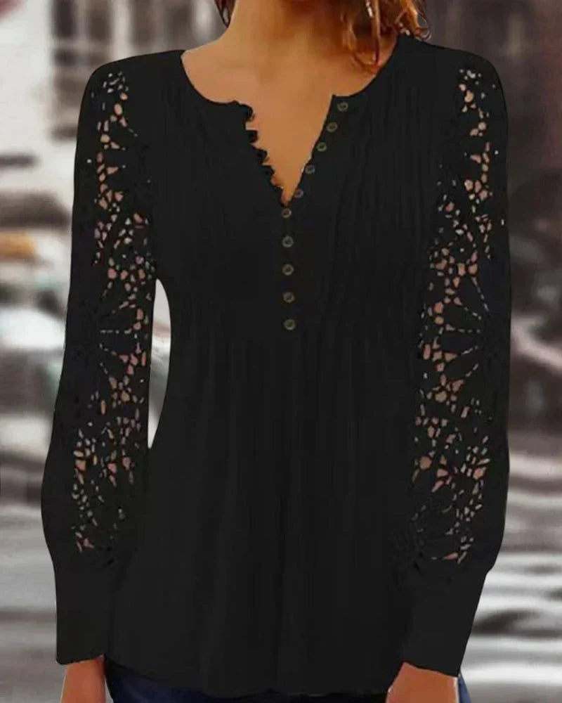Women's Elegant Fabric Top with Long Sleeves and Lace Detail