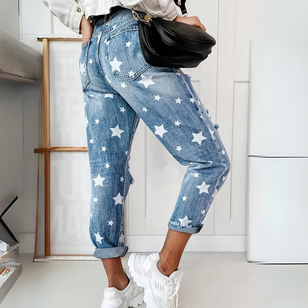 Women's Stylish Star-Pattern High-Waist Ripped Jeans | Good for Casual Days