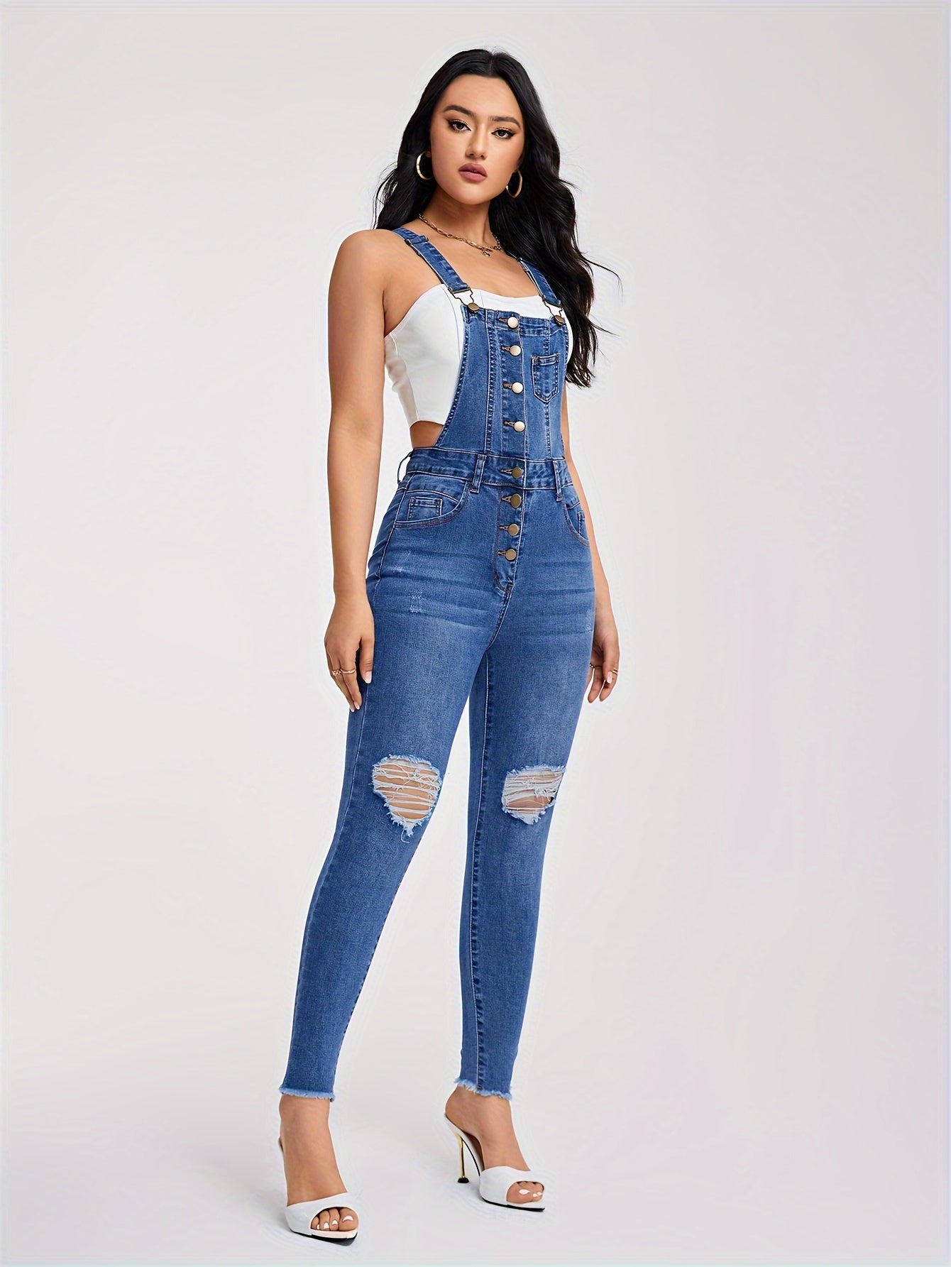 Women's Edgy Denim Jumpsuit with Distressed Details for Casual Style