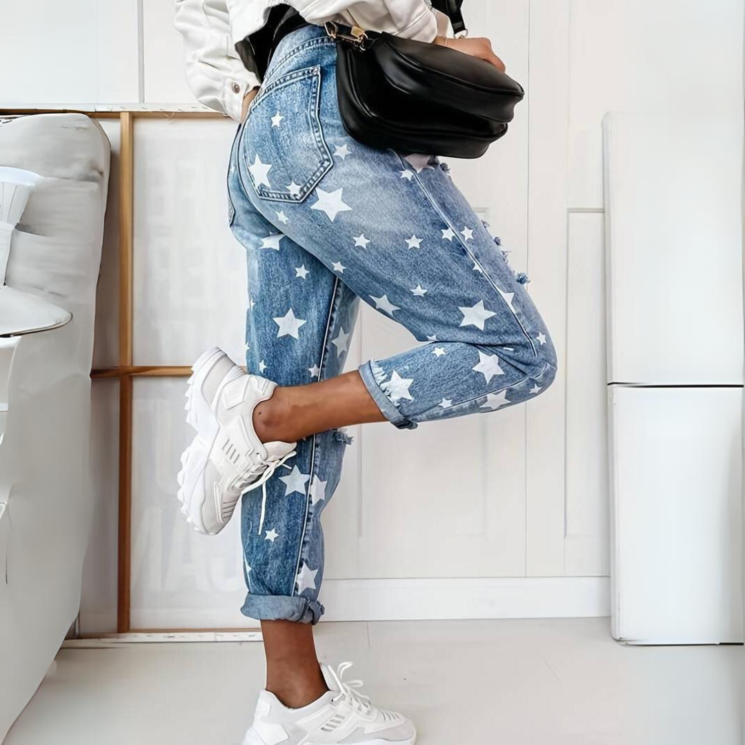 Women's Stylish Star-Pattern High-Waist Ripped Jeans | Good for Casual Days