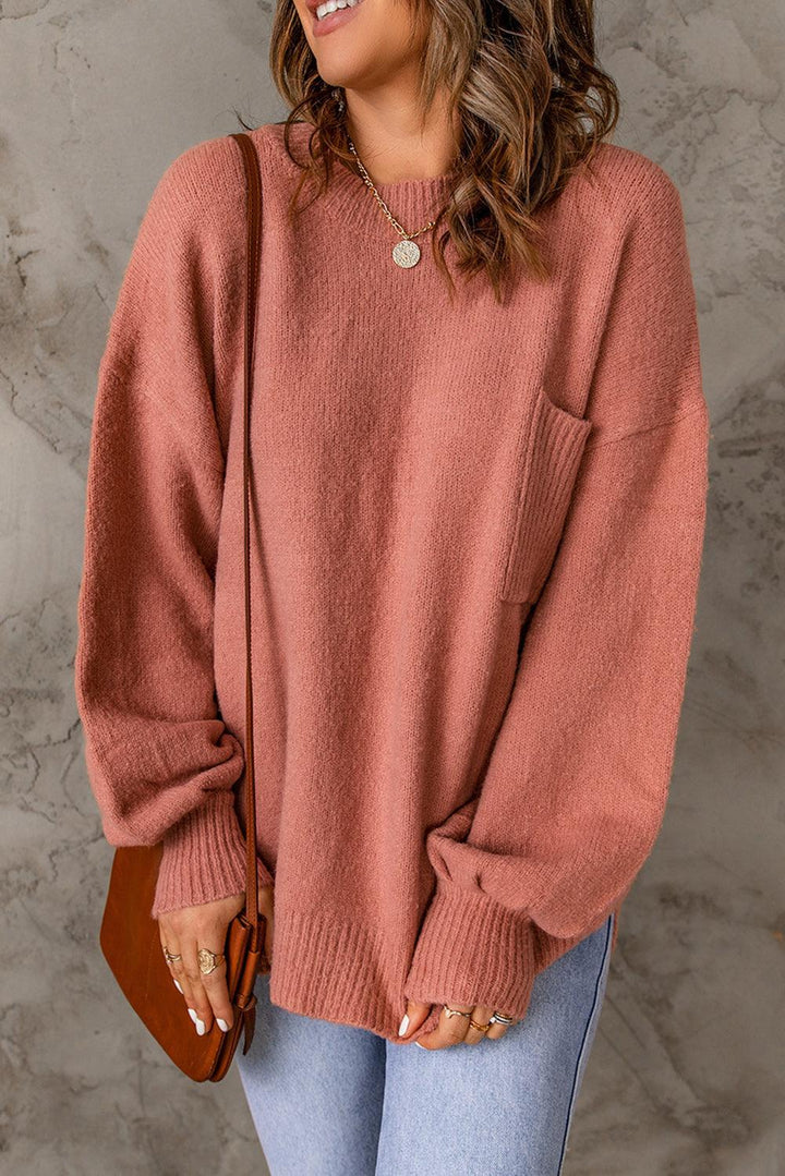 Women's Oversize Pink Round Neck Knit Jumper with Pocket | Ideal for Winter