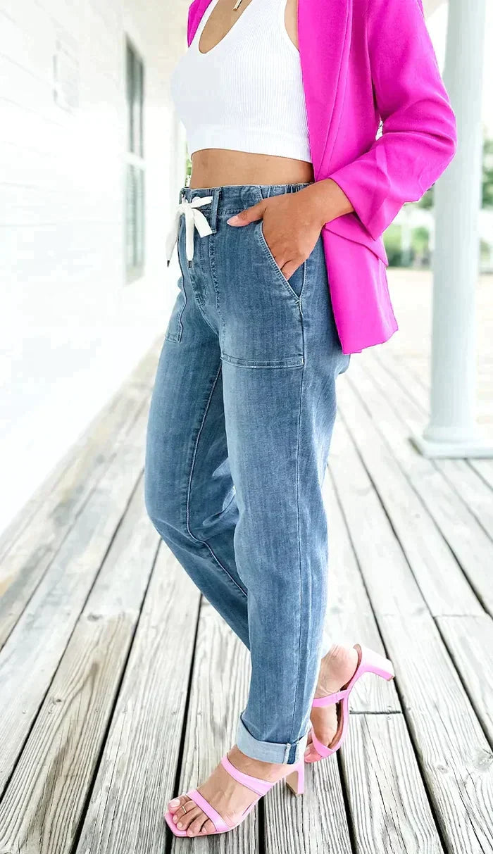 Women's Stretchy High Waist Denim Jogger Pants with Drawstring | Perfect for Casual Days