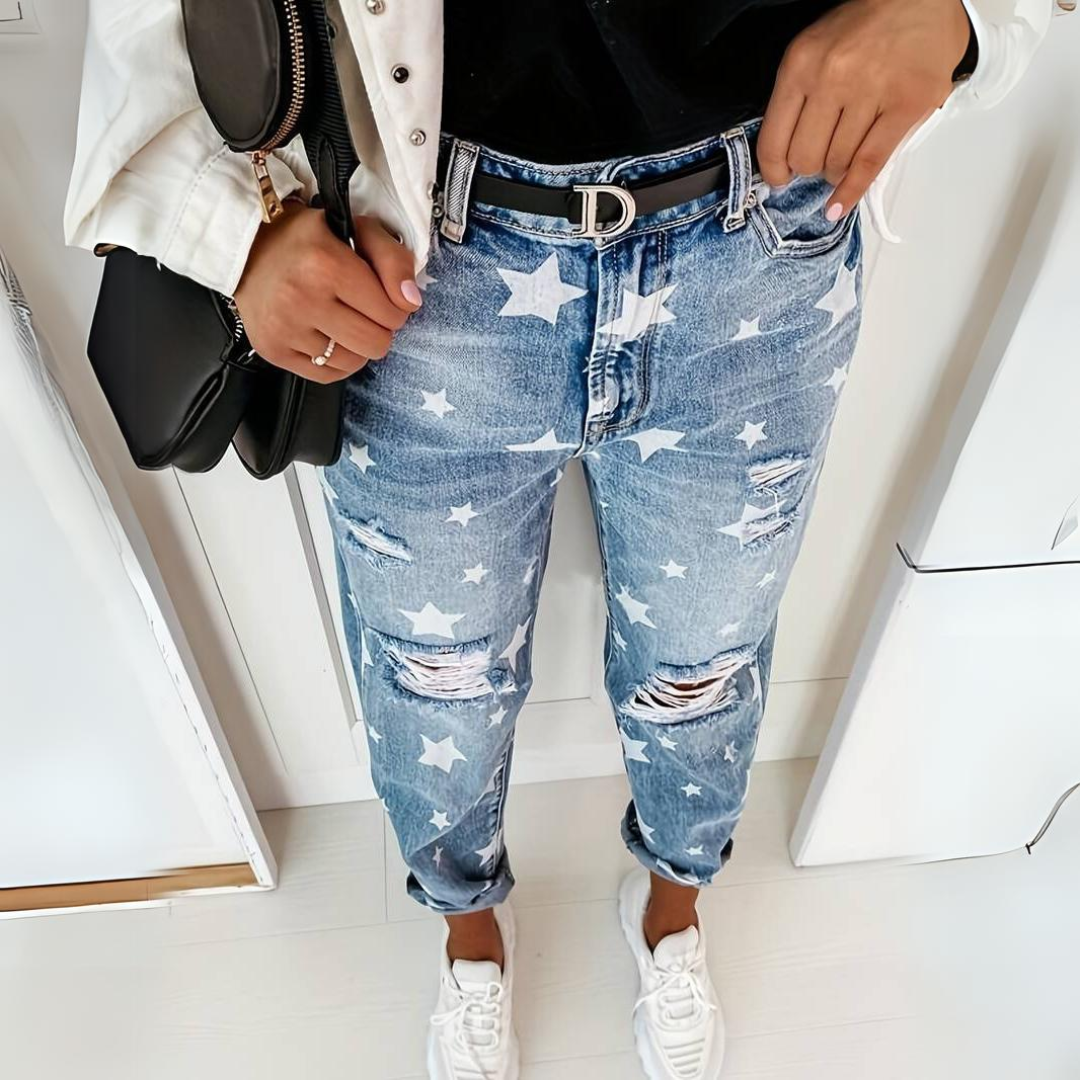 Women's Stylish Star-Pattern High-Waist Ripped Jeans | Good for Casual Days