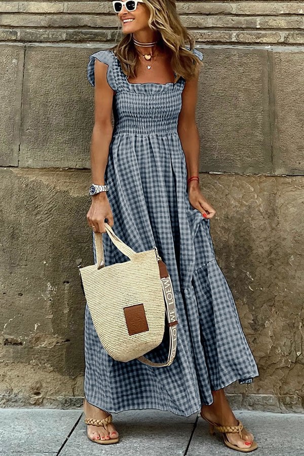 Women's Stylish Fabric Maxi Dress with Chic Checked Pattern