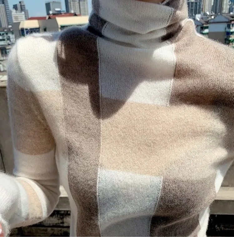 Women's Elegant Slim Fit Checked Knitted Turtleneck Jumper | Ideal for Winter