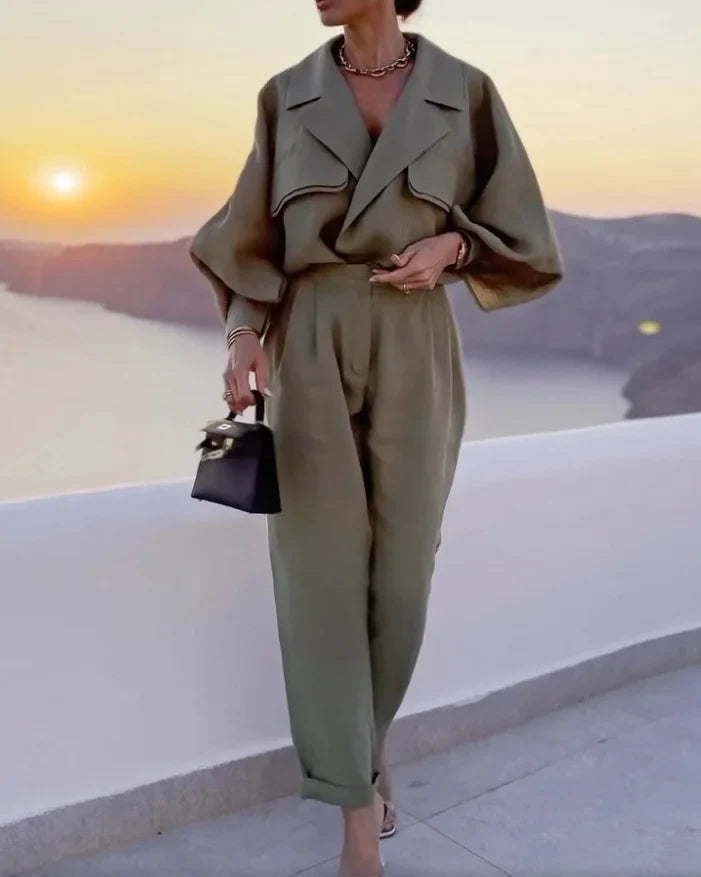 Women's Loose Fit Blazer with Long Pants Two Piece Set | Ideal for Summer