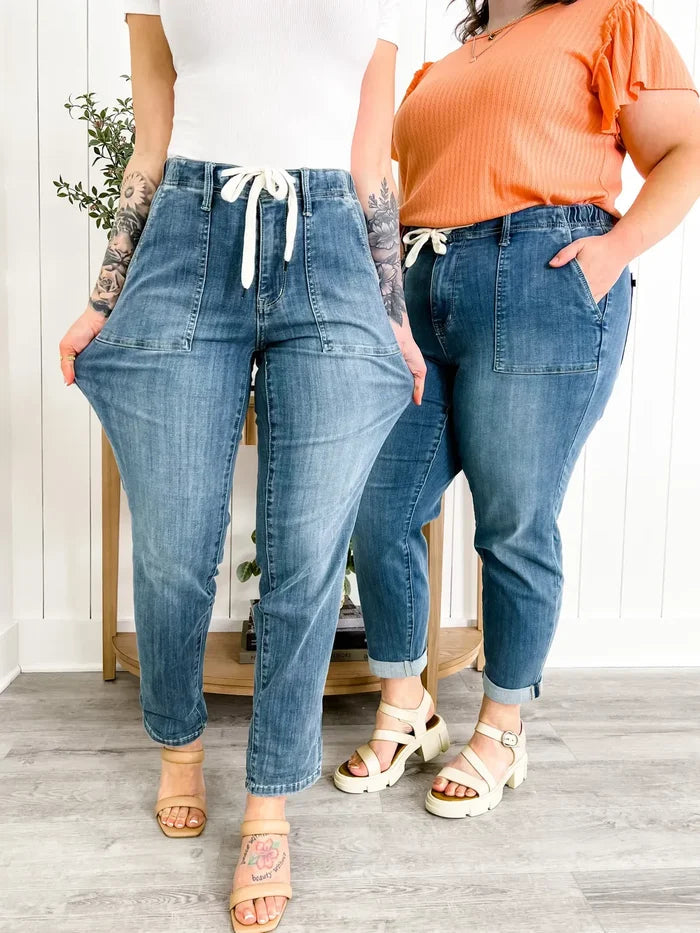 Women's Stretchy High Waist Denim Jogger Pants with Drawstring | Perfect for Casual Days