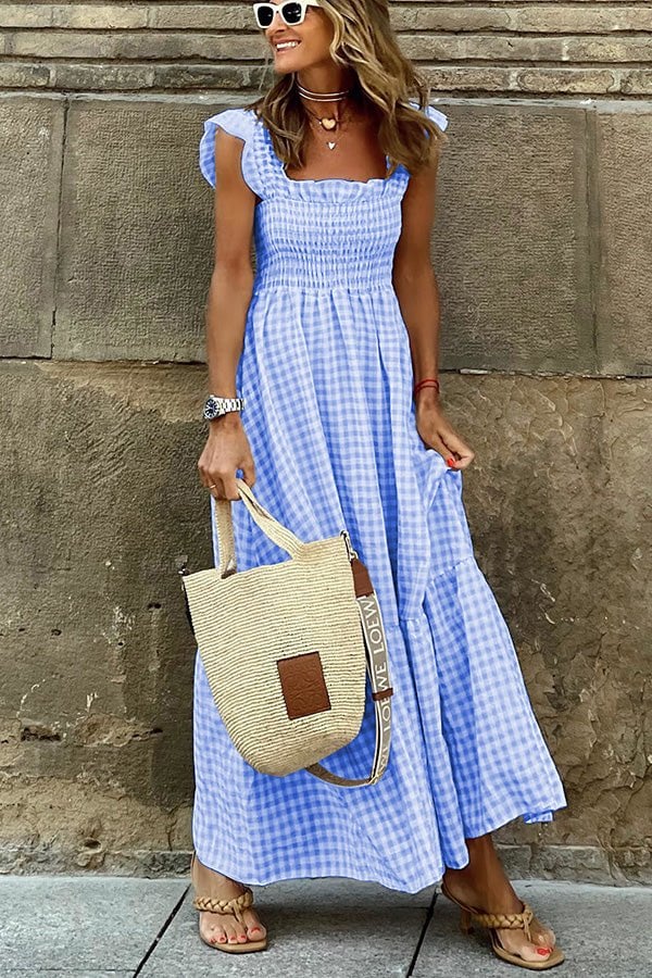 Women's Stylish Fabric Maxi Dress with Chic Checked Pattern