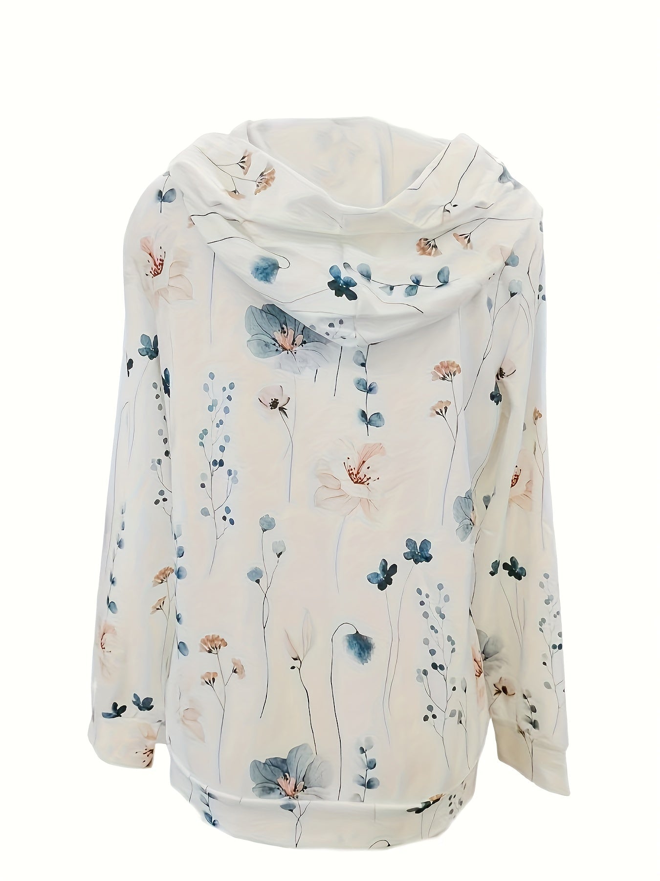 The colors present in the image are:
- White
- Light Blue
- Pale Pink
- Green
Among these, the floral colors are:
- Light Blue
- Pale Pink
Response: Light Blue, Pale Pink