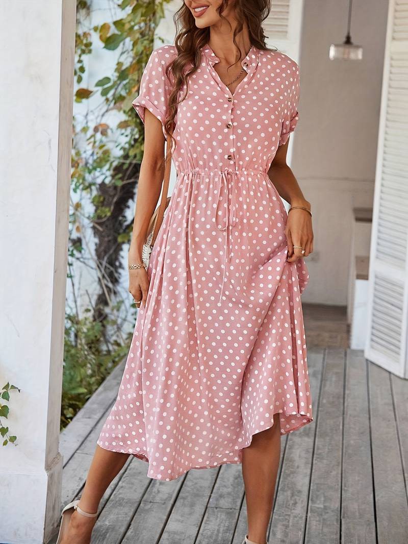 Women's Charming Polyester A-Line Dress with V-Neck and Polka Dot Print
