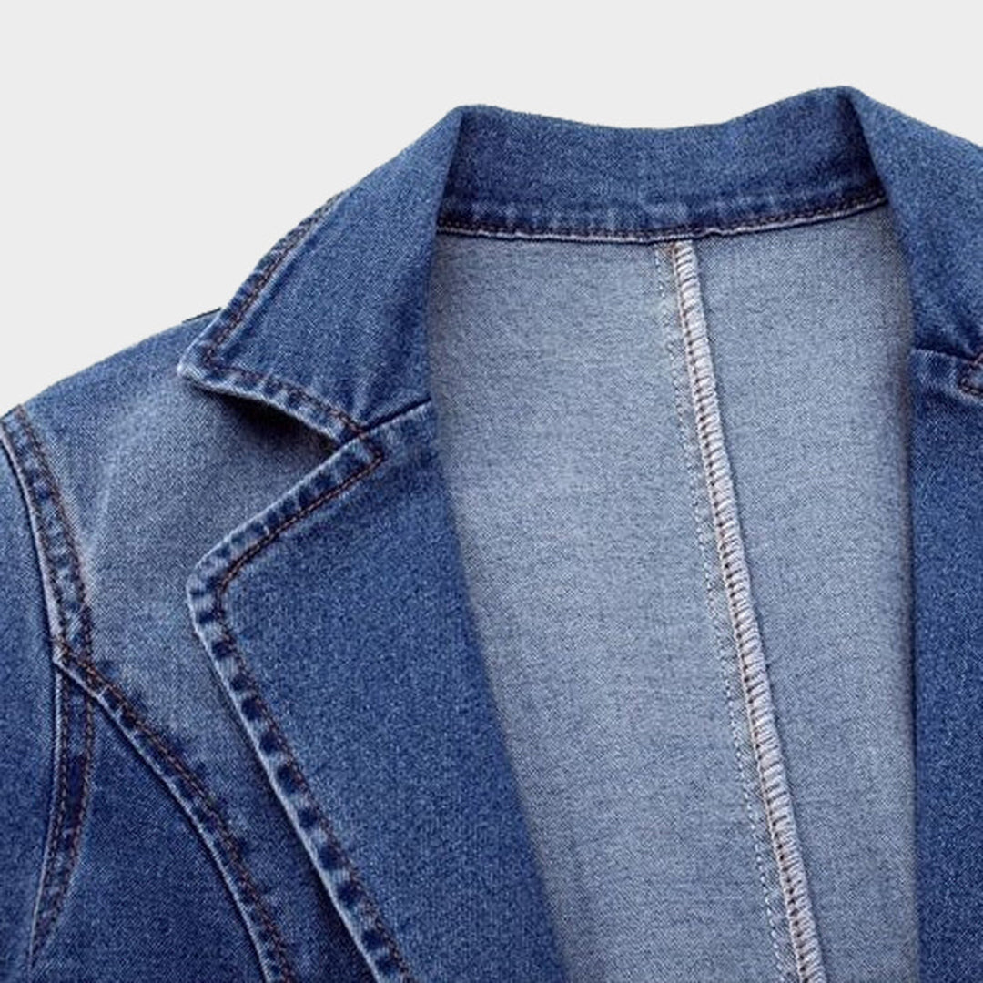 Women's Vintage blue denim blazer with pockets and button | Perfect for Casual Days