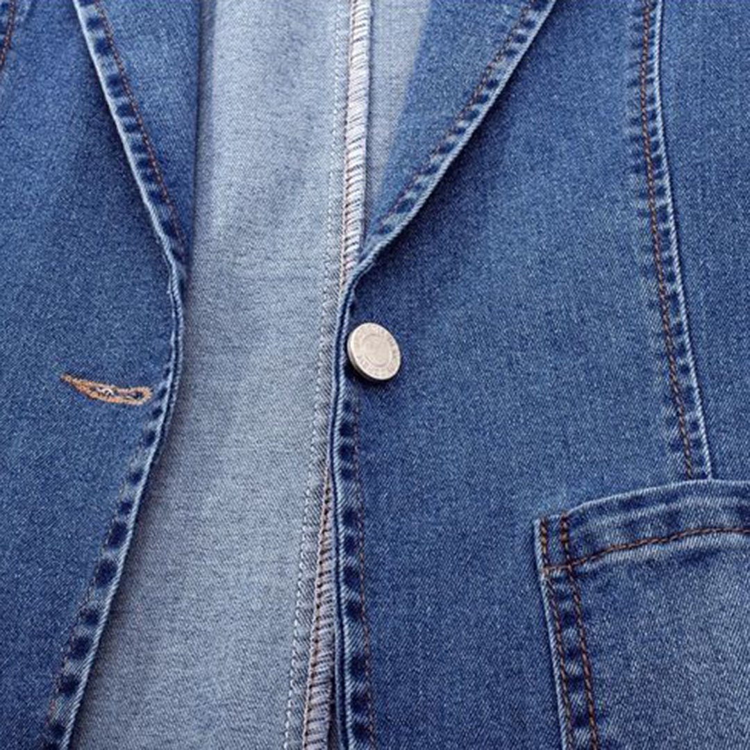 Women's Vintage blue denim blazer with pockets and button | Perfect for Casual Days
