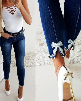 Women's Casual Beaded Slit Pearl Ribbon Skinny Jeans | Perfect for Casual Days