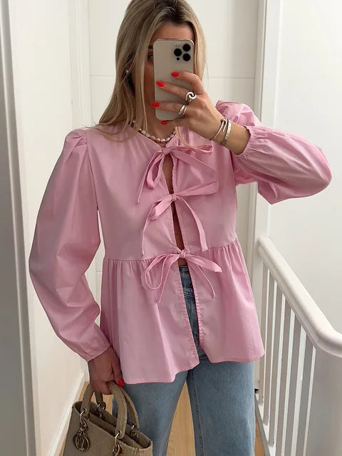 Women's Playful Stretchy Blouse with Puff Sleeves and Back Cut-Out Design