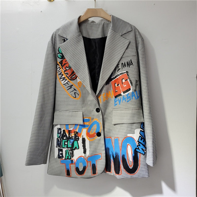 Women's Trendy Blazer with Graffiti Letters and Pockets | Perfect for Casual Days