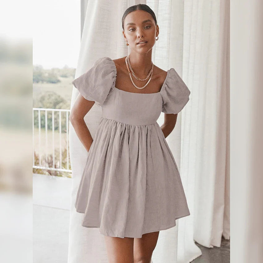 Women's Summer Vintage Short Dress with Puff Sleeves | Ideal for Summer