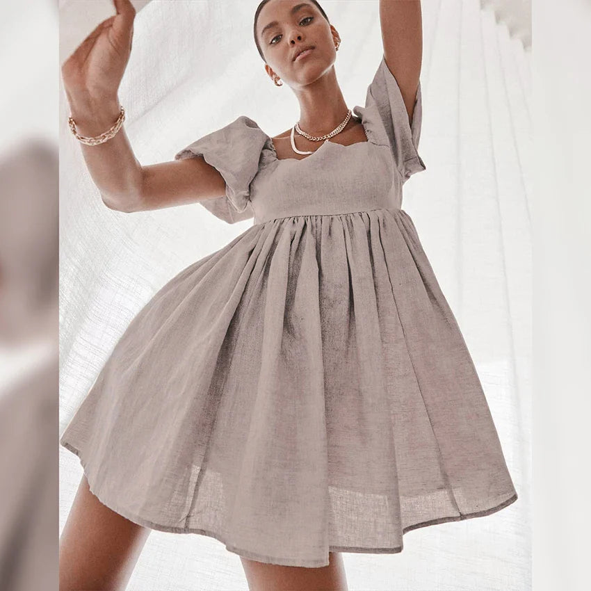Women's Summer Vintage Short Dress with Puff Sleeves | Ideal for Summer