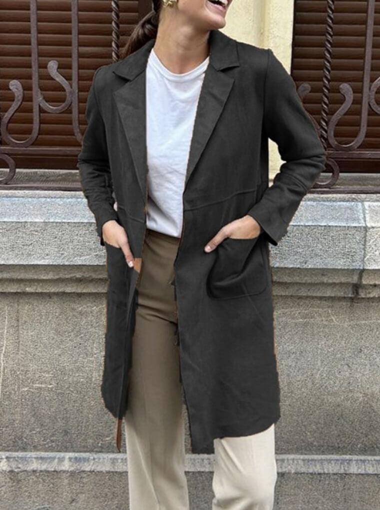Women's Chic Mid-Length Suede Open Front Blazer with Pockets | Perect for Casual Days