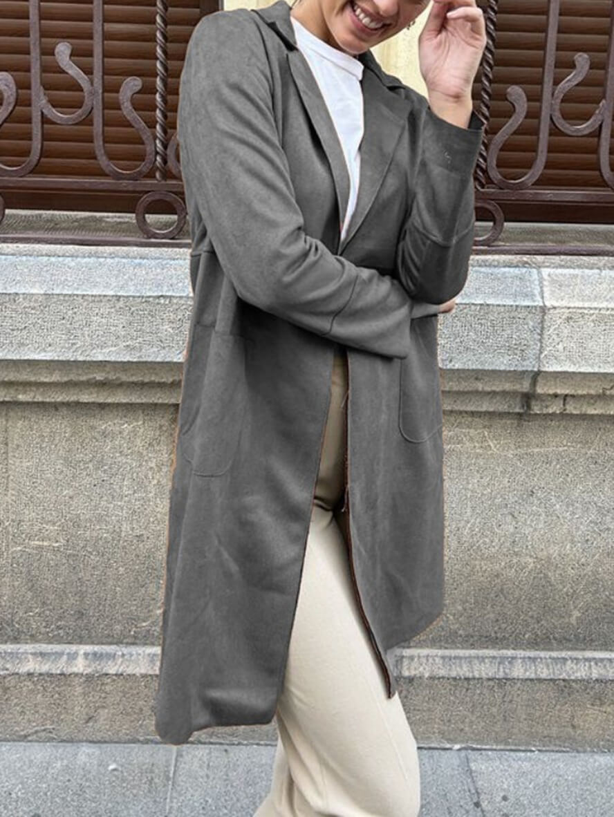 Women's Chic Mid-Length Suede Open Front Blazer with Pockets | Perect for Casual Days