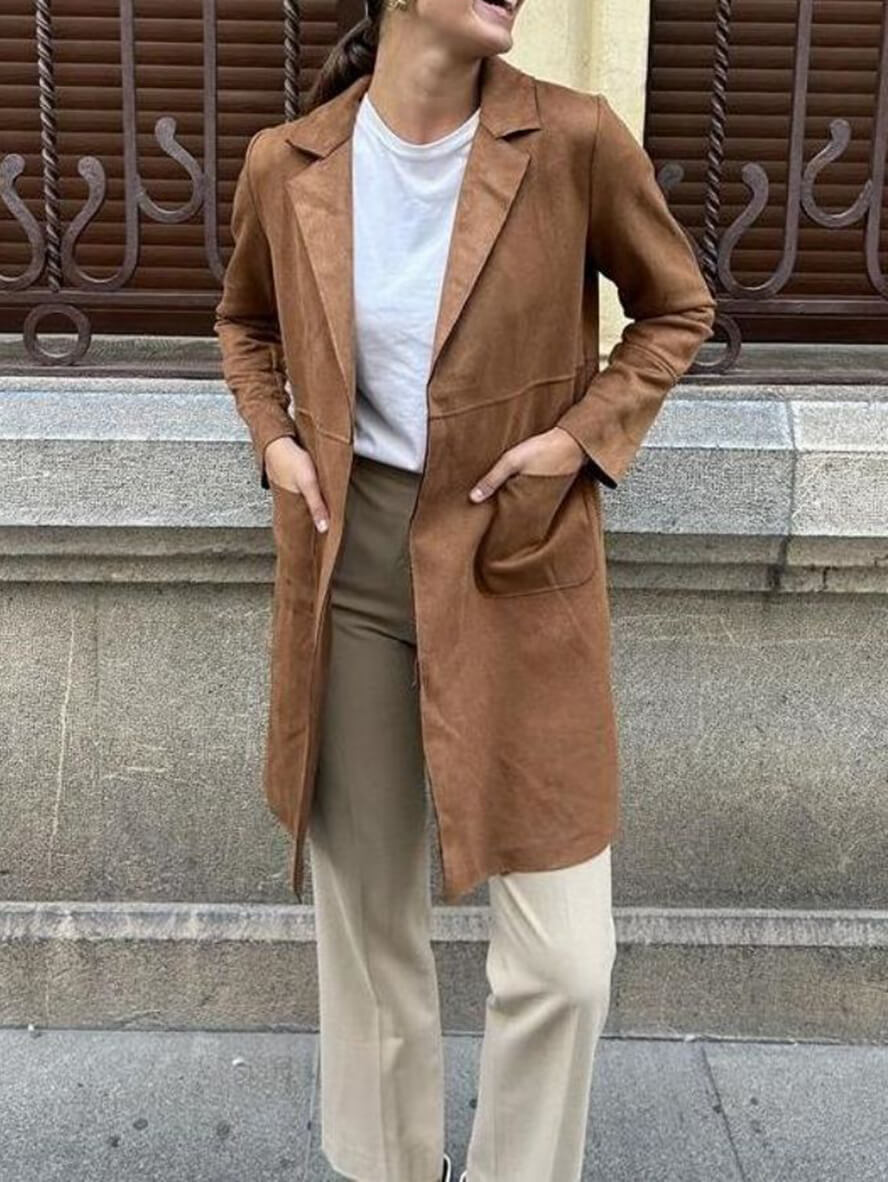Women's Chic Mid-Length Suede Open Front Blazer with Pockets | Perect for Casual Days