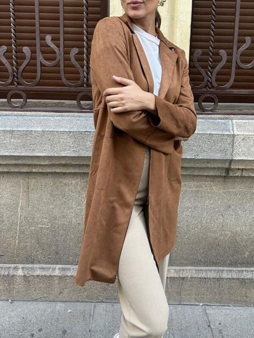Women's Chic Mid-Length Suede Open Front Blazer with Pockets | Perect for Casual Days