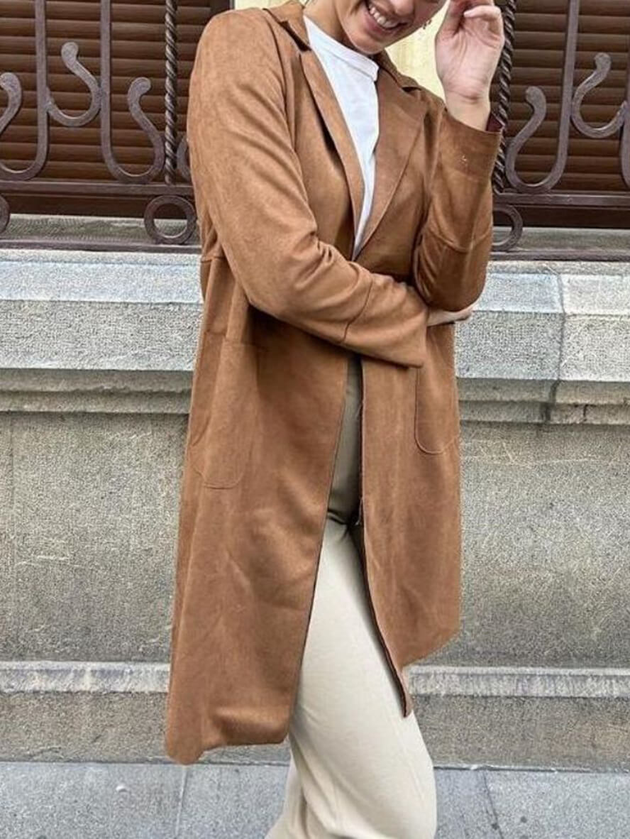 Women's Chic Mid-Length Suede Open Front Blazer with Pockets | Perect for Casual Days