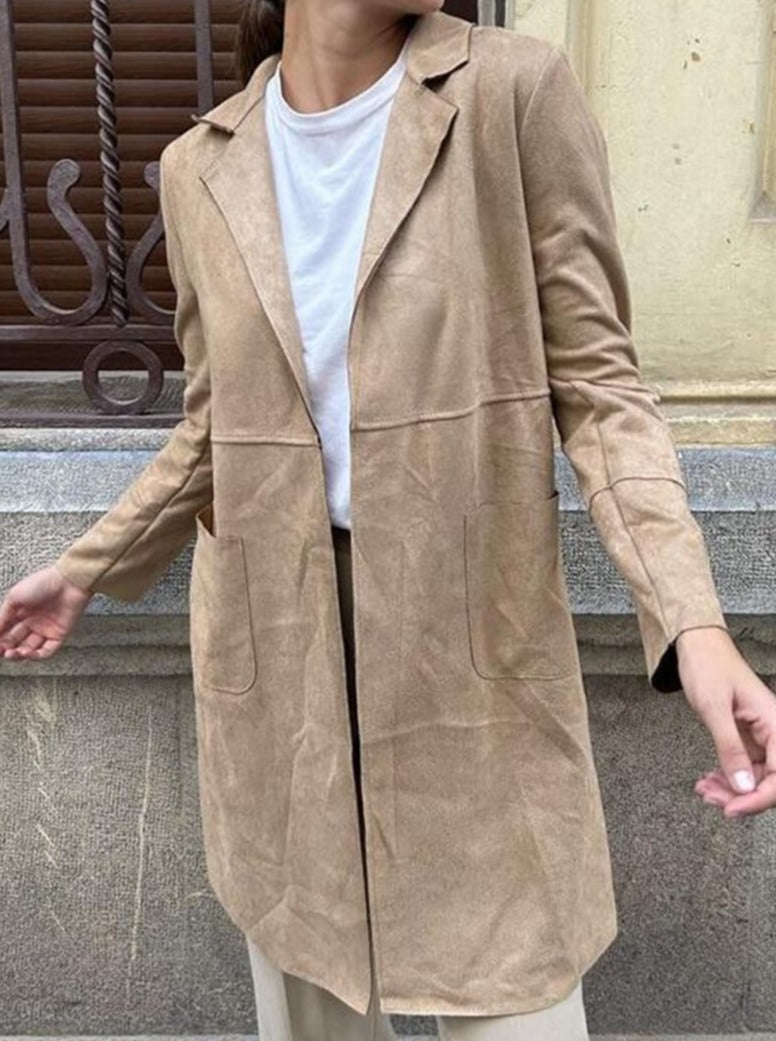 Women's Chic Mid-Length Suede Open Front Blazer with Pockets | Perect for Casual Days