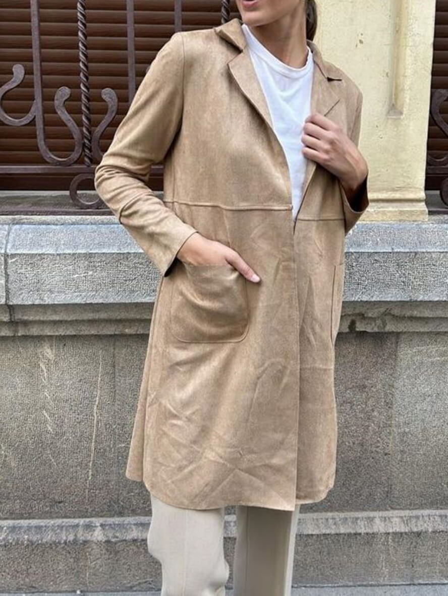 Women's Chic Mid-Length Suede Open Front Blazer with Pockets | Perect for Casual Days
